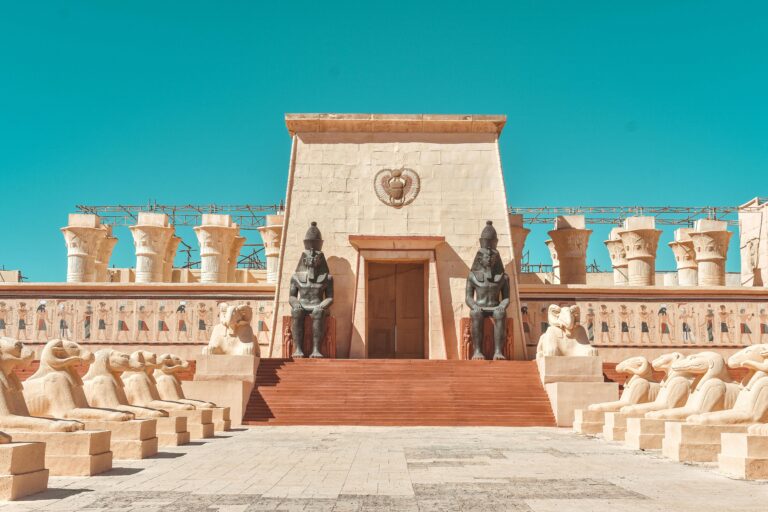 Stunning ancient Egyptian-inspired facade at Atlas Film Studio, Ouarzazate, Morocco.